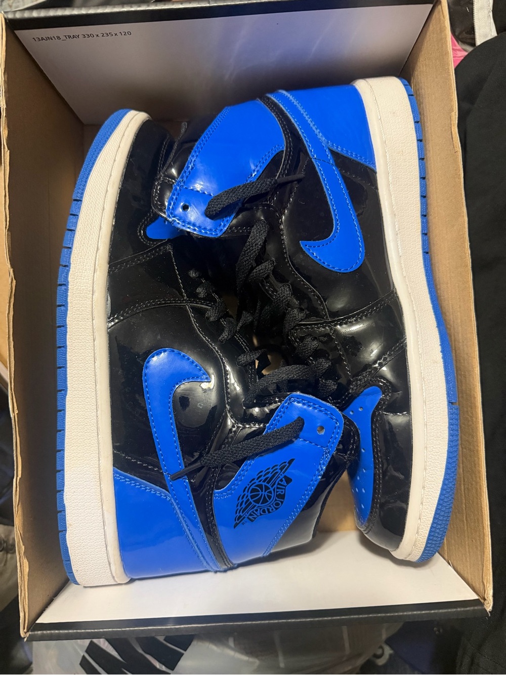 Men's Blue and Black Patent Leather Jordan 1 9.5